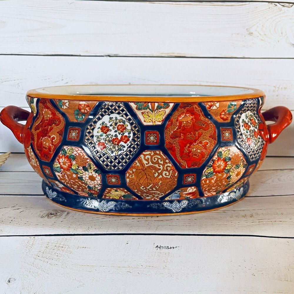 Vintage Oval Handled Imari Style Jardiniere Decorative Interior Fish & Lotus 13”